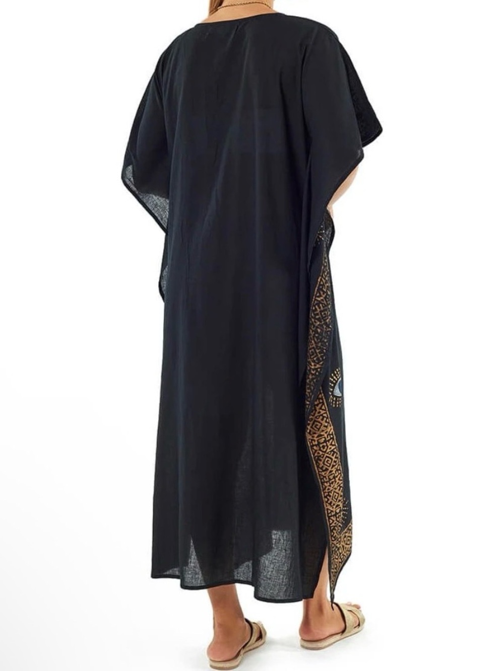 Black Evil Eye Gold Accent Kaftan Boho Coastal Luxe Mediterranean Cotton Coverup - Picture 4 of 12